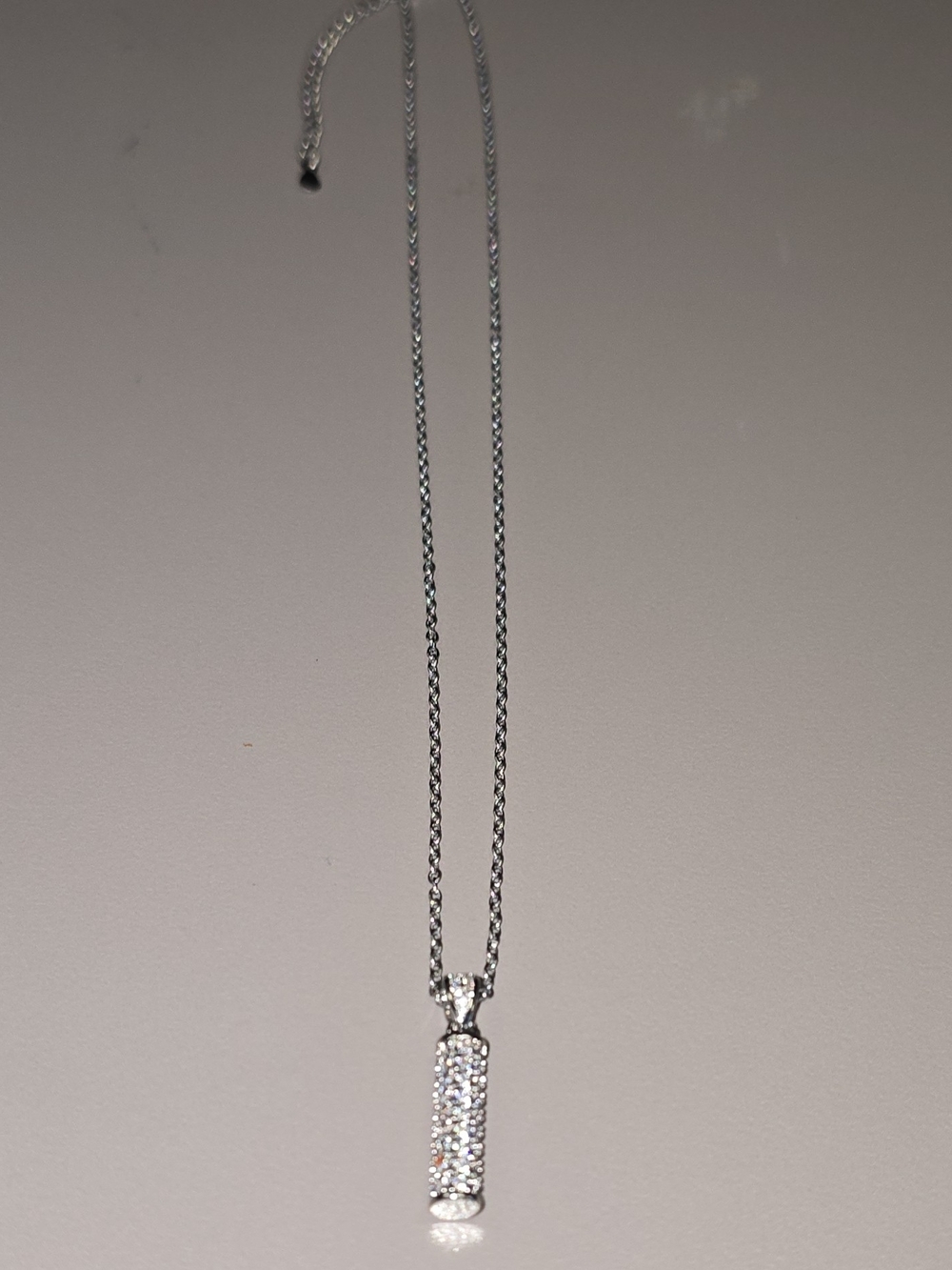 NWOT Stainless Steel Cylinder Pendant Necklace Silver Pavé Rhinestone 18 Inch
